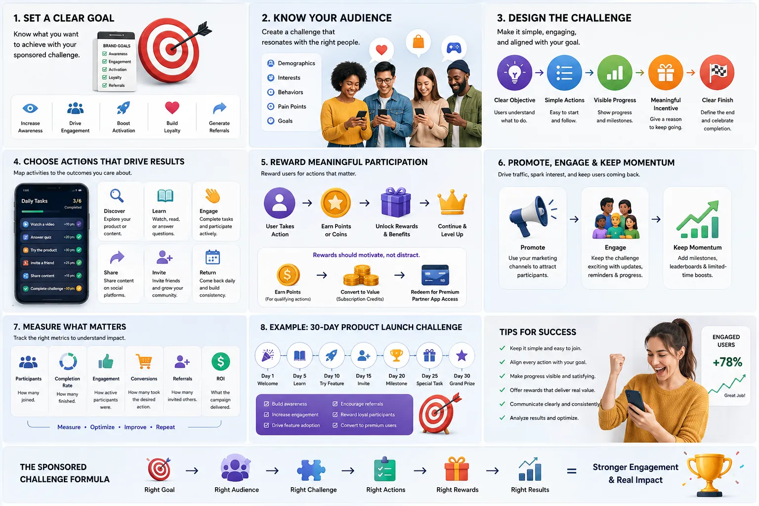 A 30-day product launch challenge example, from goal-setting through measurement, with a rewards-to-premium-subscription conversion path