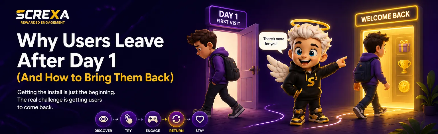 Discover, try, engage, return, stay: a user's Day 1 first visit leads back through a welcome back door