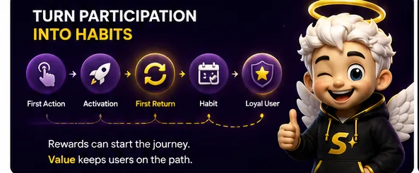 Turn participation into habits: first action, activation, first return, habit, loyal user. Rewards can start the journey, value keeps users on the path