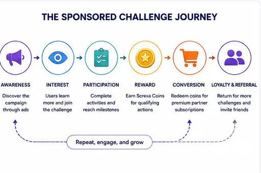 The sponsored challenge journey: from awareness through participation, earning rewards, redemption, and loyalty